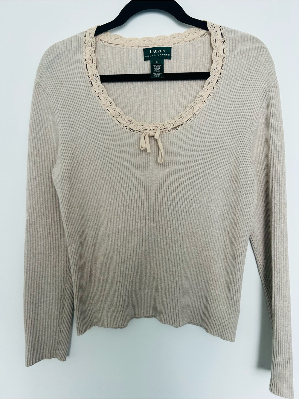 Ralph Lauren Cream Ribbed Scoop-Neck Top Sweater with Crochet Trim Sz L Babydoll